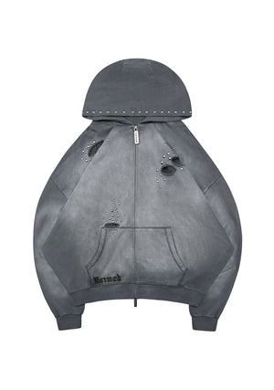 SHADOW STUDDED ZIP HOODIE WASHED GREY