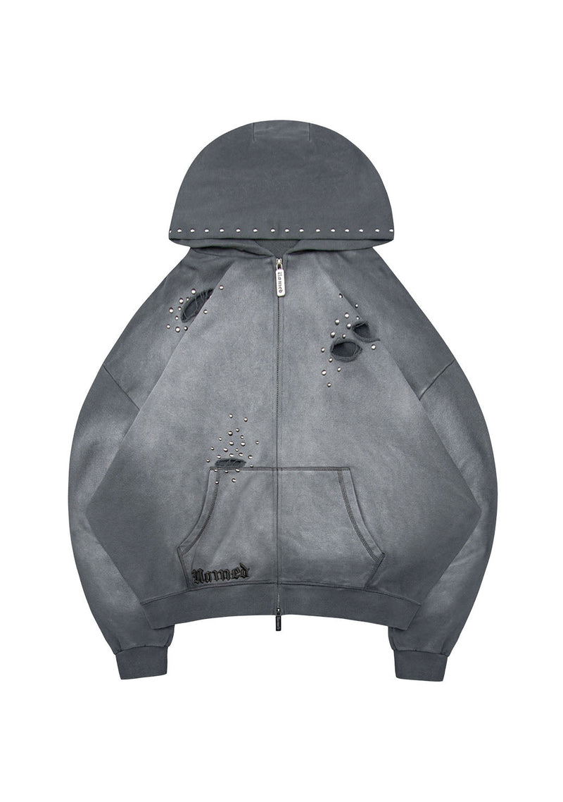 SHADOW STUDDED ZIP HOODIE WASHED GREY