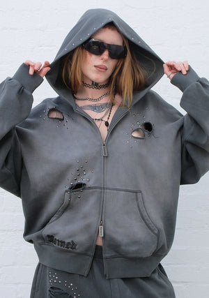 SHADOW STUDDED ZIP HOODIE WASHED GREY