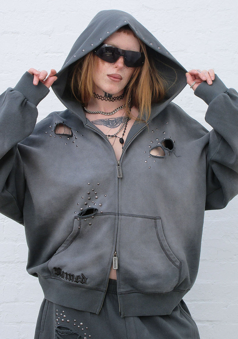 SHADOW STUDDED ZIP HOODIE WASHED GREY