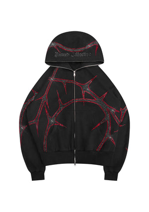 THORN RHINESTONE ZIP HOODIE BLACK AND RED