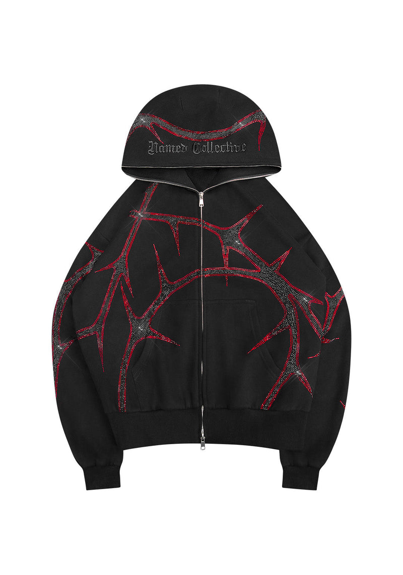 THORN RHINESTONE ZIP HOODIE BLACK AND RED