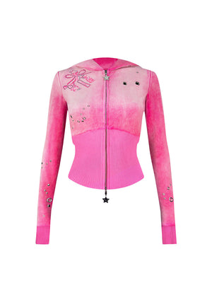 GLITCH EYELET VELOUR ZIP HOODIE WASHED HOT PINK