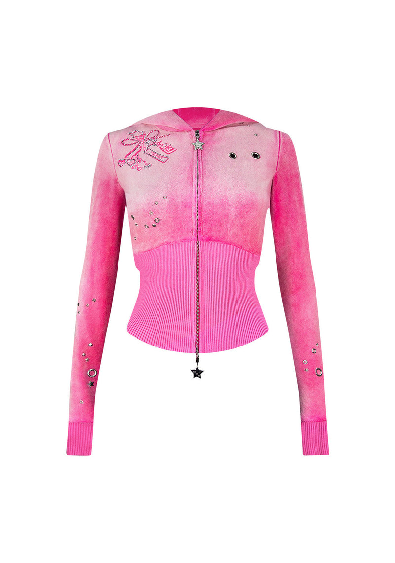 GLITCH EYELET VELOUR ZIP HOODIE WASHED HOT PINK
