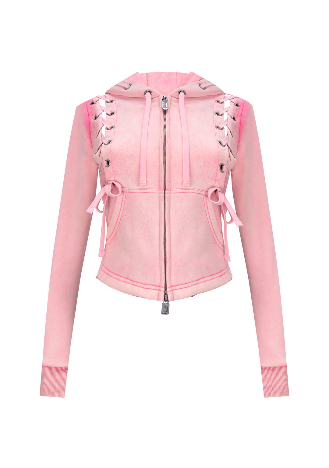 VENDETTA LACE UP FITTED ZIP HOODIE WASHED BABY PINK