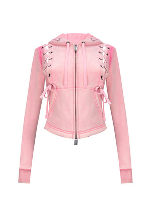 VENDETTA LACE UP FITTED ZIP HOODIE WASHED BABY PINK