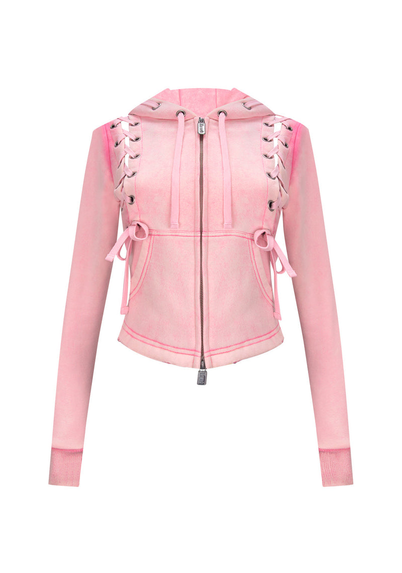 VENDETTA LACE UP FITTED ZIP HOODIE WASHED BABY PINK