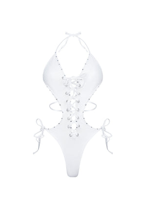 VENDETTA STUDDED LACE UP SWIMSUIT WHITE