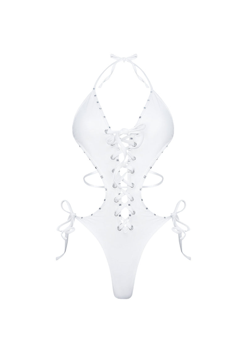 VENDETTA STUDDED LACE UP SWIMSUIT WHITE