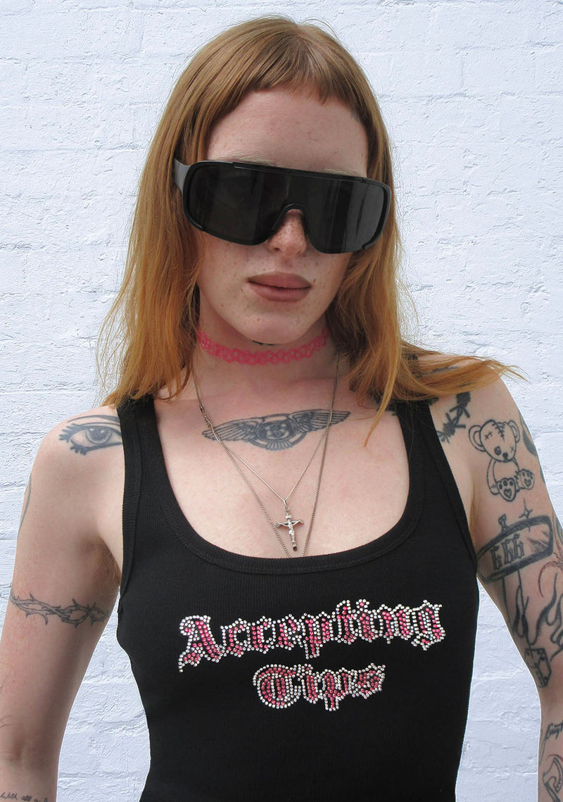 ACCEPTING TIPS RHINESTONE TANK TOP BLACK