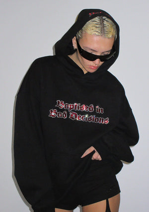 BAD DECISIONS RHINESTONE PULLOVER HOODIE BLACK