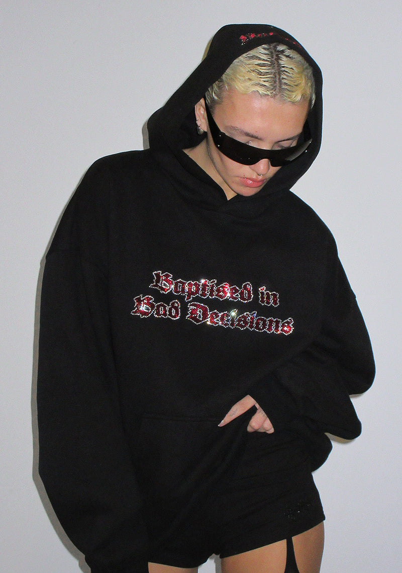 BAD DECISIONS RHINESTONE PULLOVER HOODIE BLACK