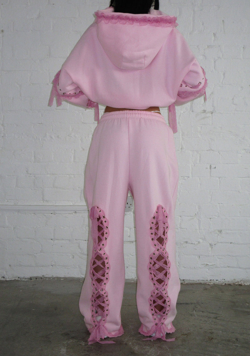BAD ROMANCE LACE RIBBON OVERSIZED SWEATPANTS BABY PINK