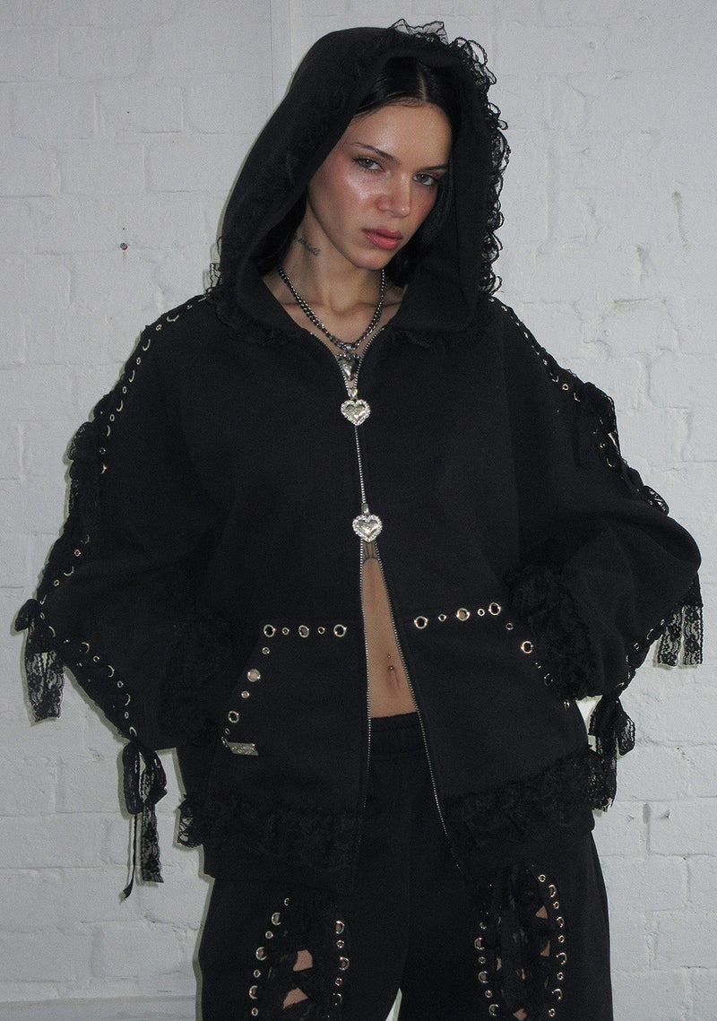 BAD ROMANCE LACE RIBBON ZIP HOODIE BLACK