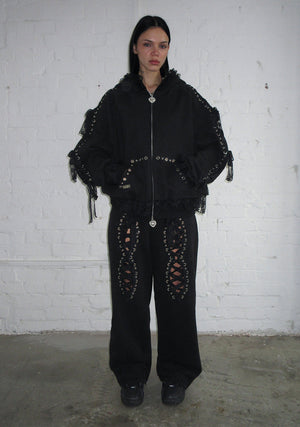BAD ROMANCE LACE RIBBON ZIP HOODIE BLACK