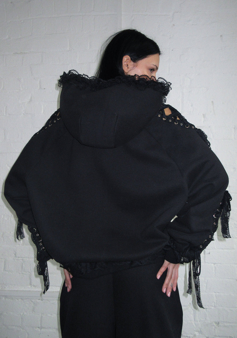 BAD ROMANCE LACE RIBBON ZIP HOODIE BLACK