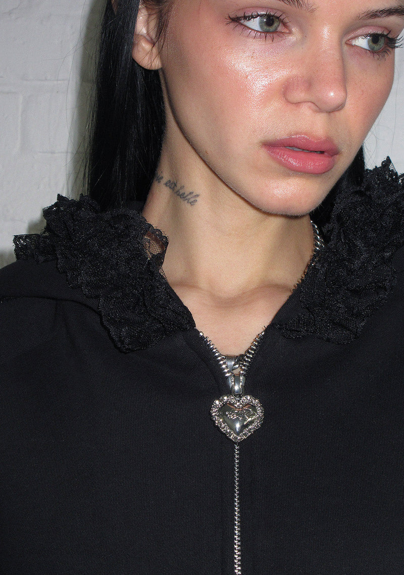 BAD ROMANCE LACE RIBBON ZIP HOODIE BLACK