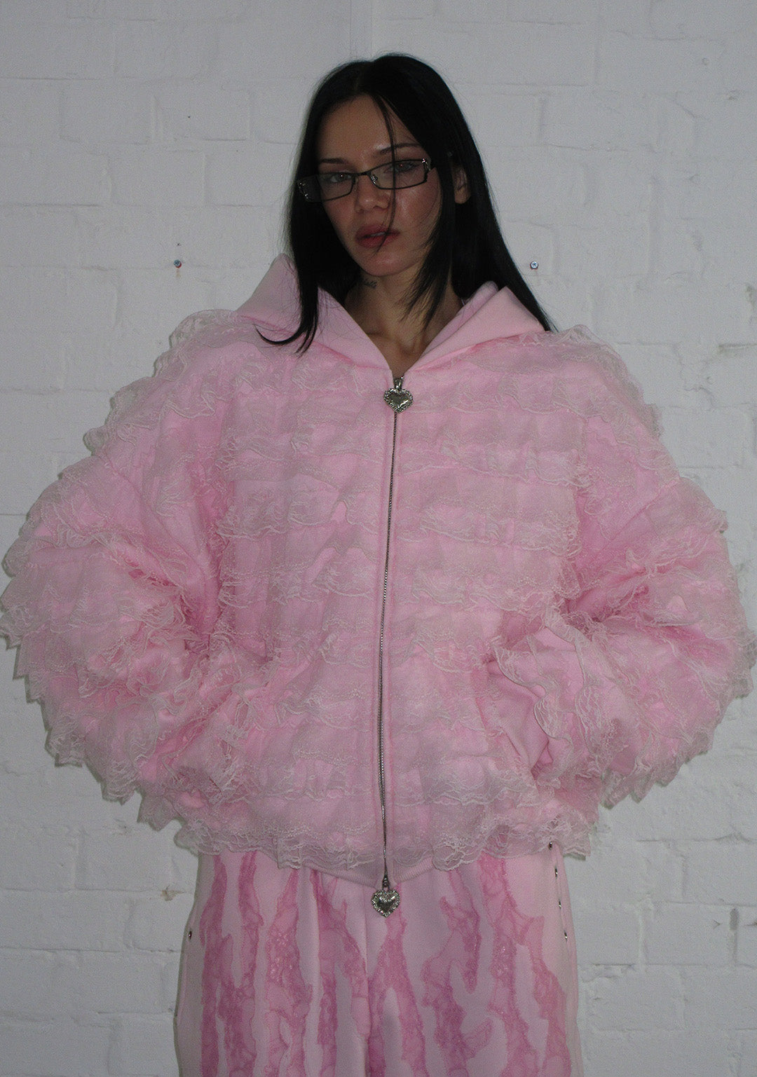 BAD ROMANCE RUFFLE ZIP HOODIE BABY PINK