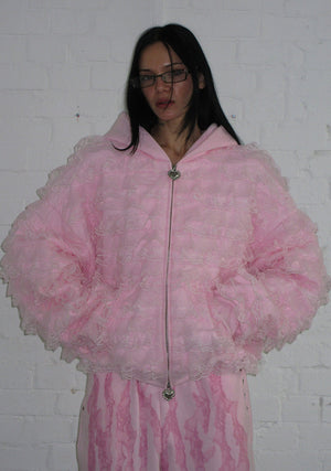 BAD ROMANCE RUFFLE ZIP HOODIE BABY PINK