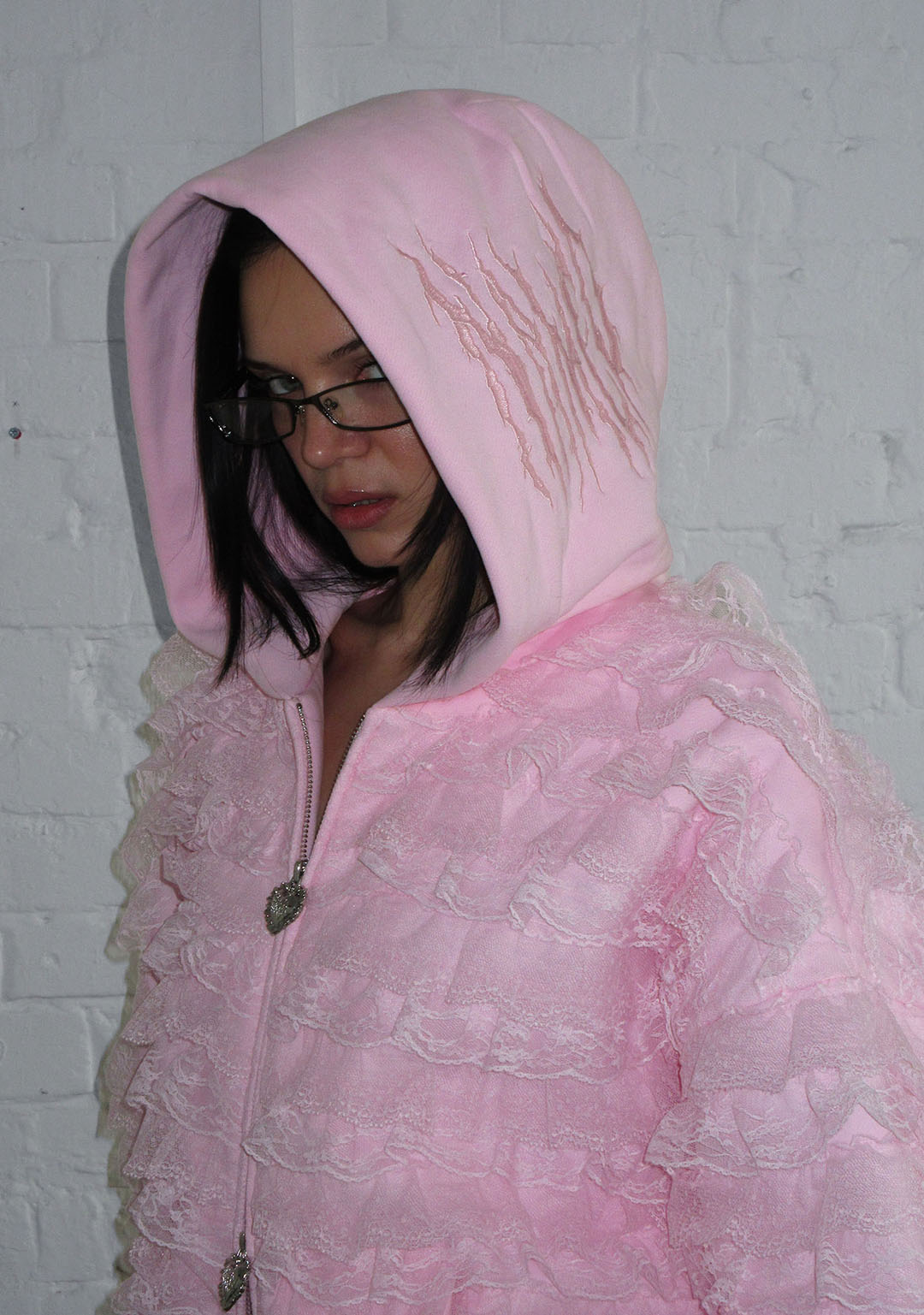 BAD ROMANCE RUFFLE ZIP HOODIE BABY PINK