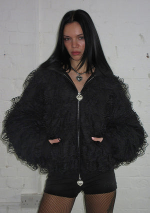 BAD ROMANCE LACE RUFFLE ZIP HOODIE BLACK