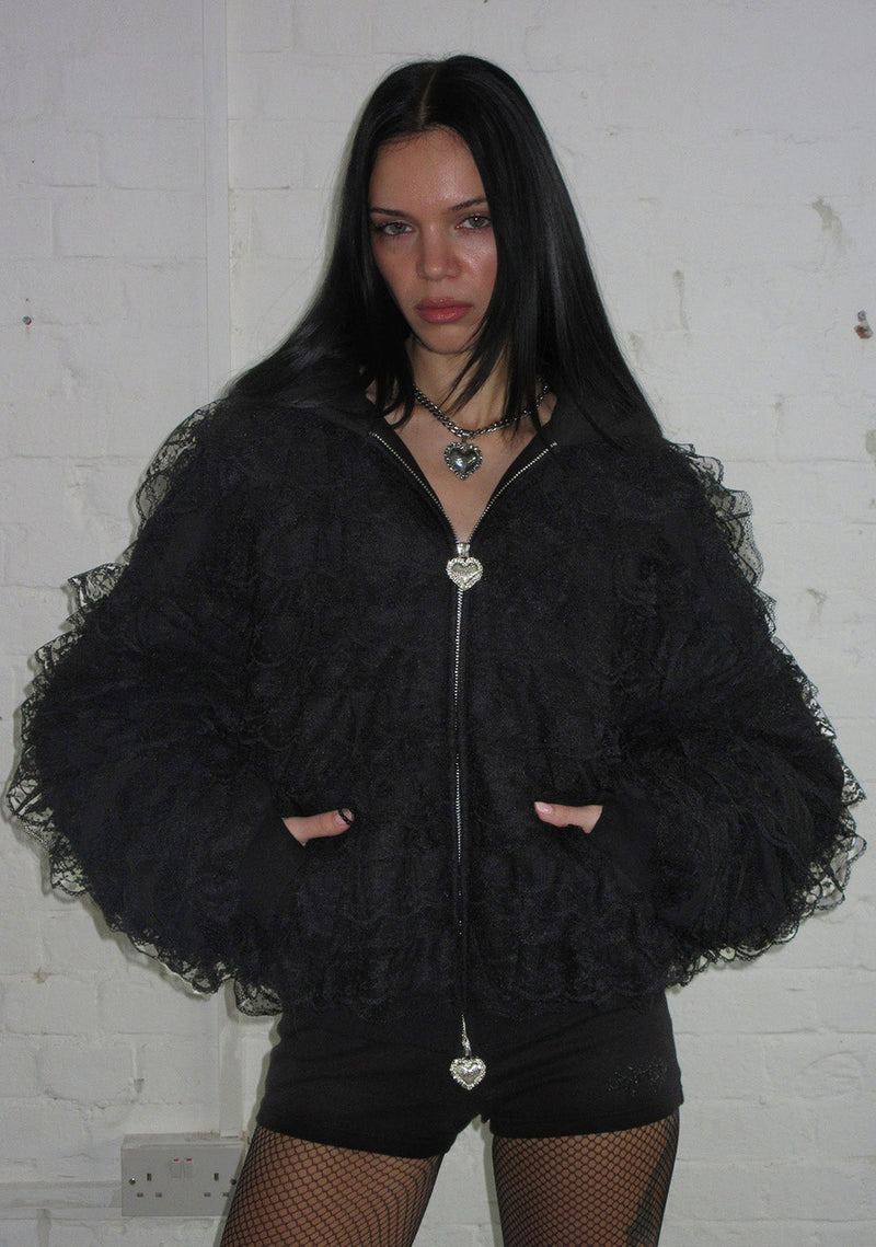 BAD ROMANCE LACE RUFFLE ZIP HOODIE BLACK