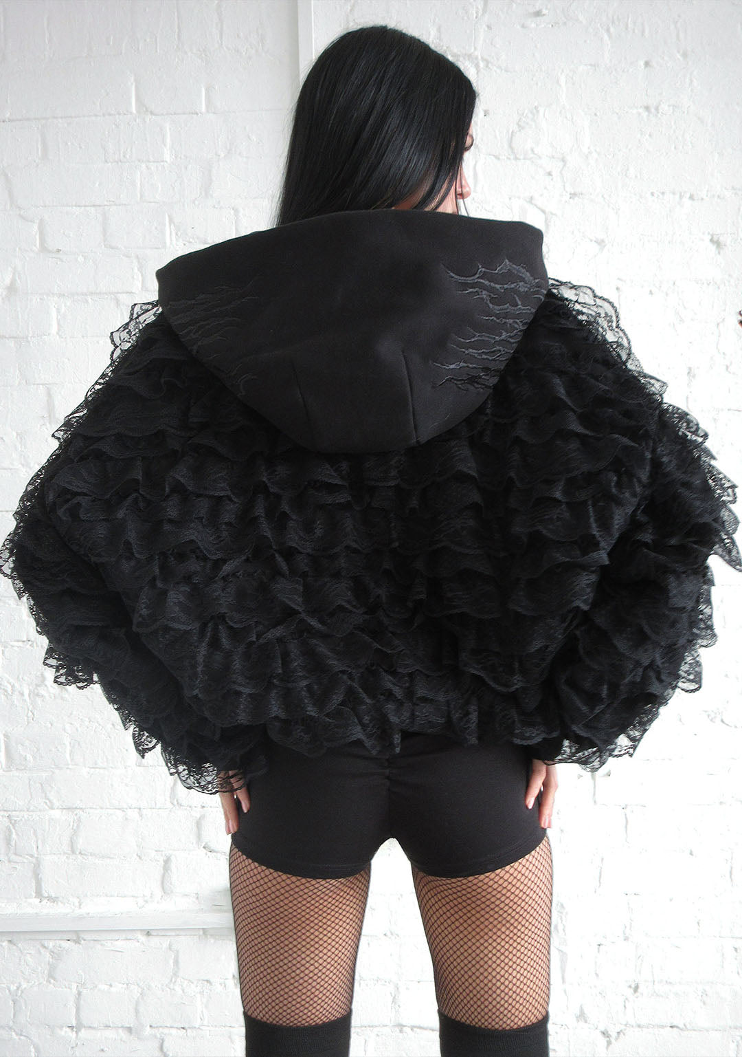 BAD ROMANCE LACE RUFFLE ZIP HOODIE BLACK