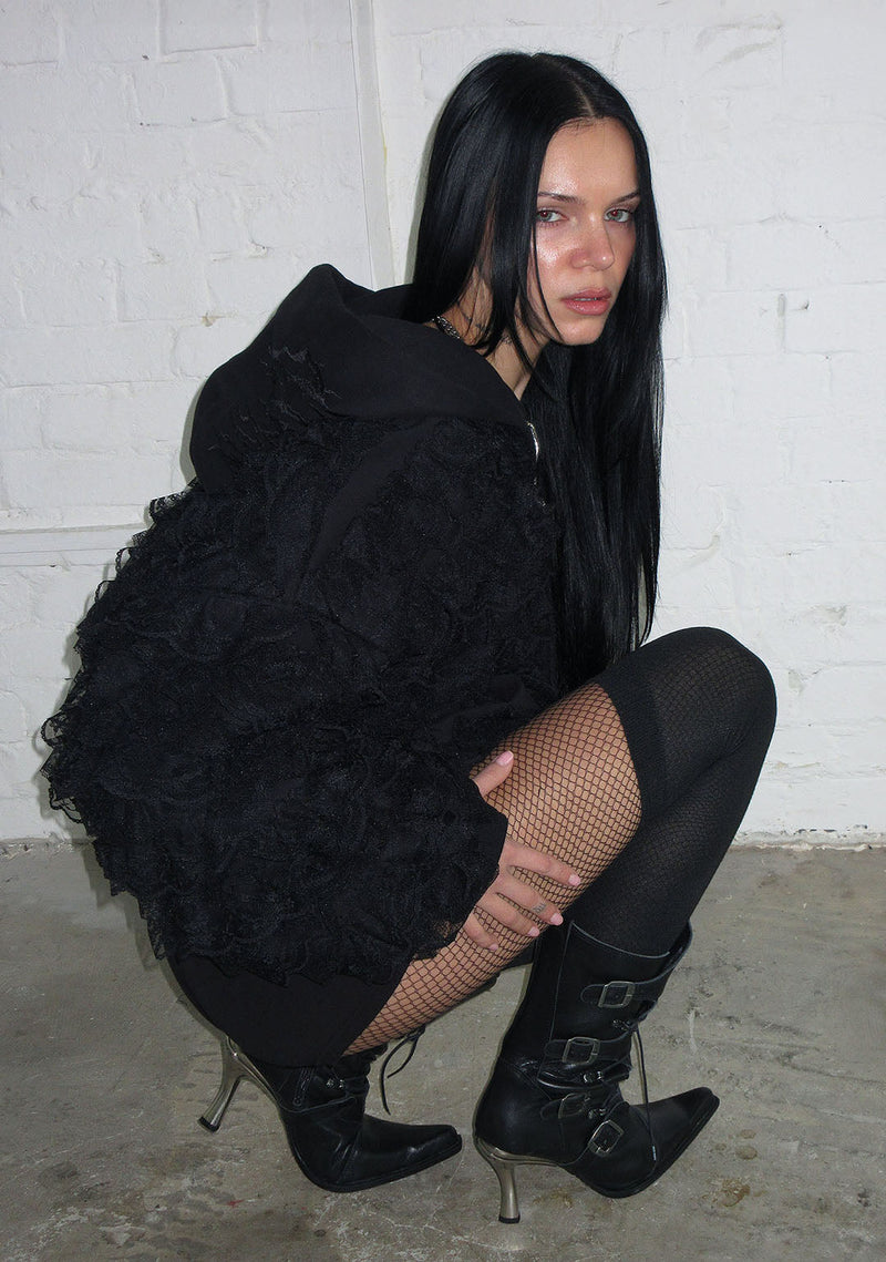 BAD ROMANCE LACE RUFFLE ZIP HOODIE BLACK
