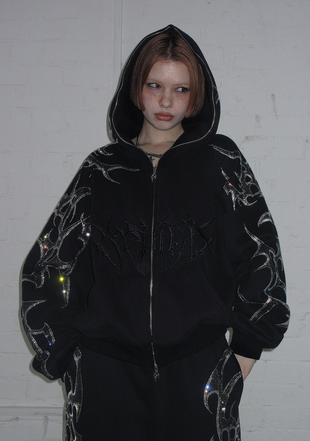 CRASH RHINESTONE ZIP HOODIE BLACK