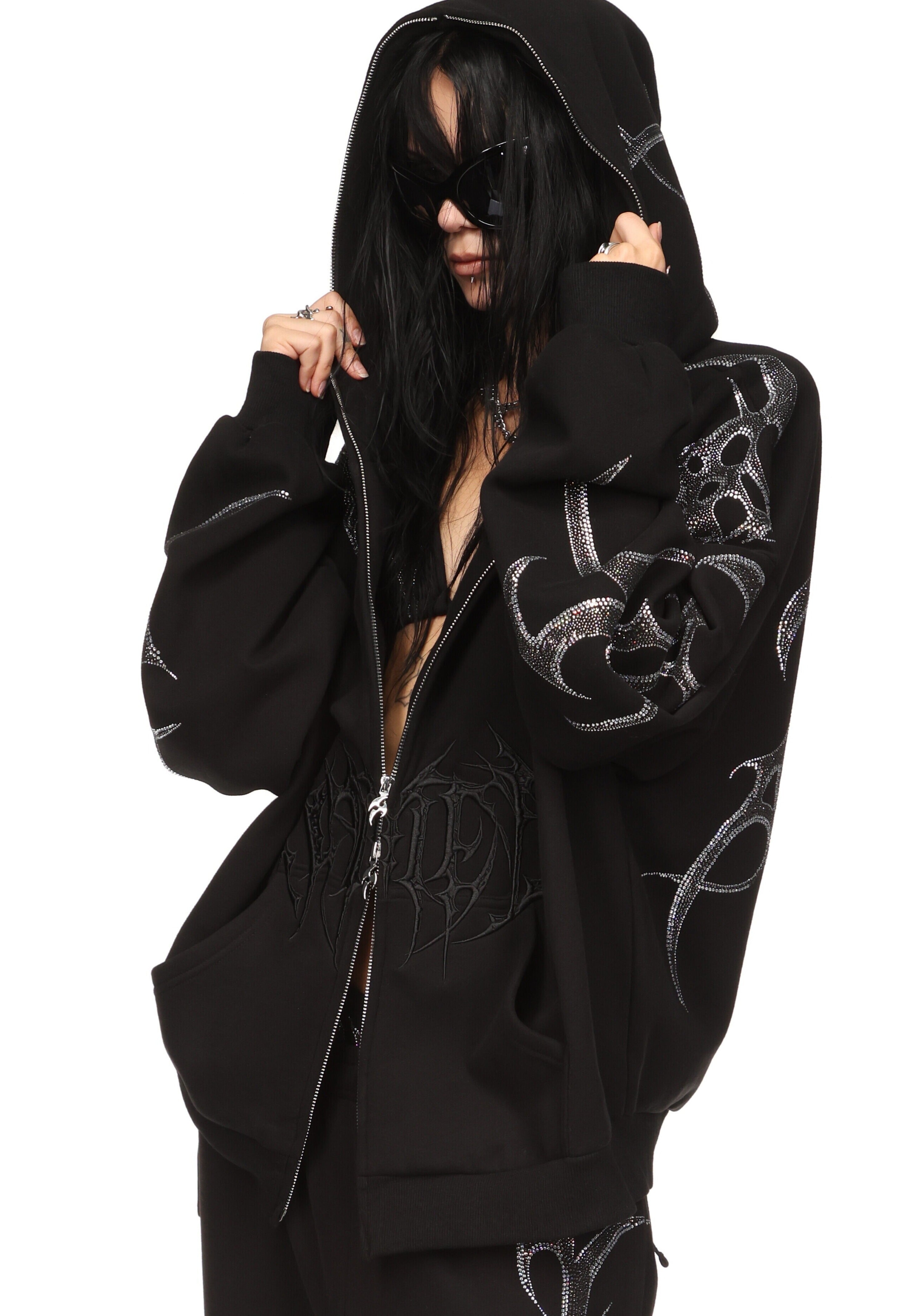 y2k ““crash“4XO”ペンキ“黒boro sweat Crash Rhinestone Zip Hoodie Black – NAMED COLLECTIVE®