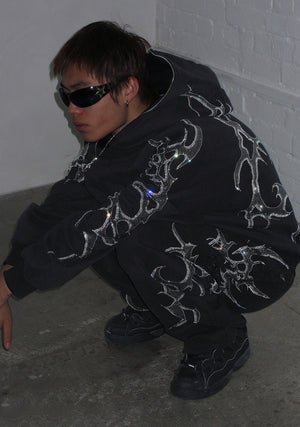 CRASH RHINESTONE ZIP HOODIE BLACK
