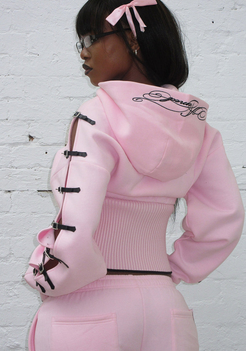 CRUSH BUCKLE FITTED WAIST ZIP HOODIE BABY PINK
