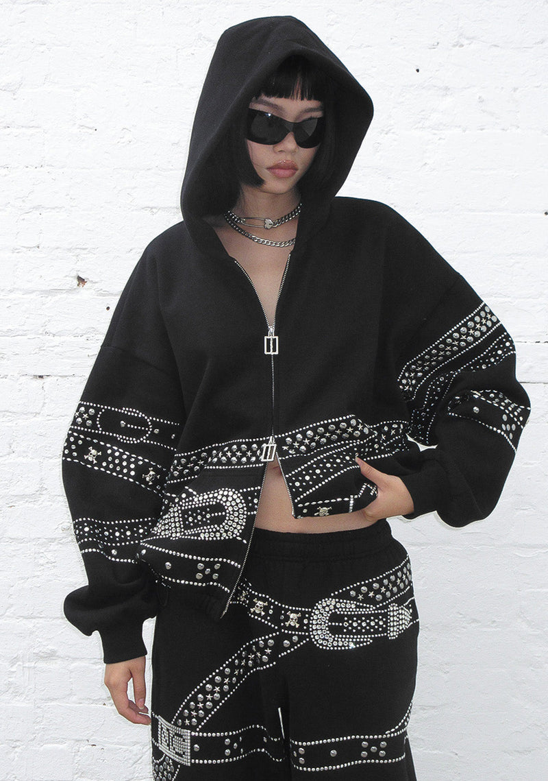 CRUSH STUDDED BELT ZIP HOODIE BLACK