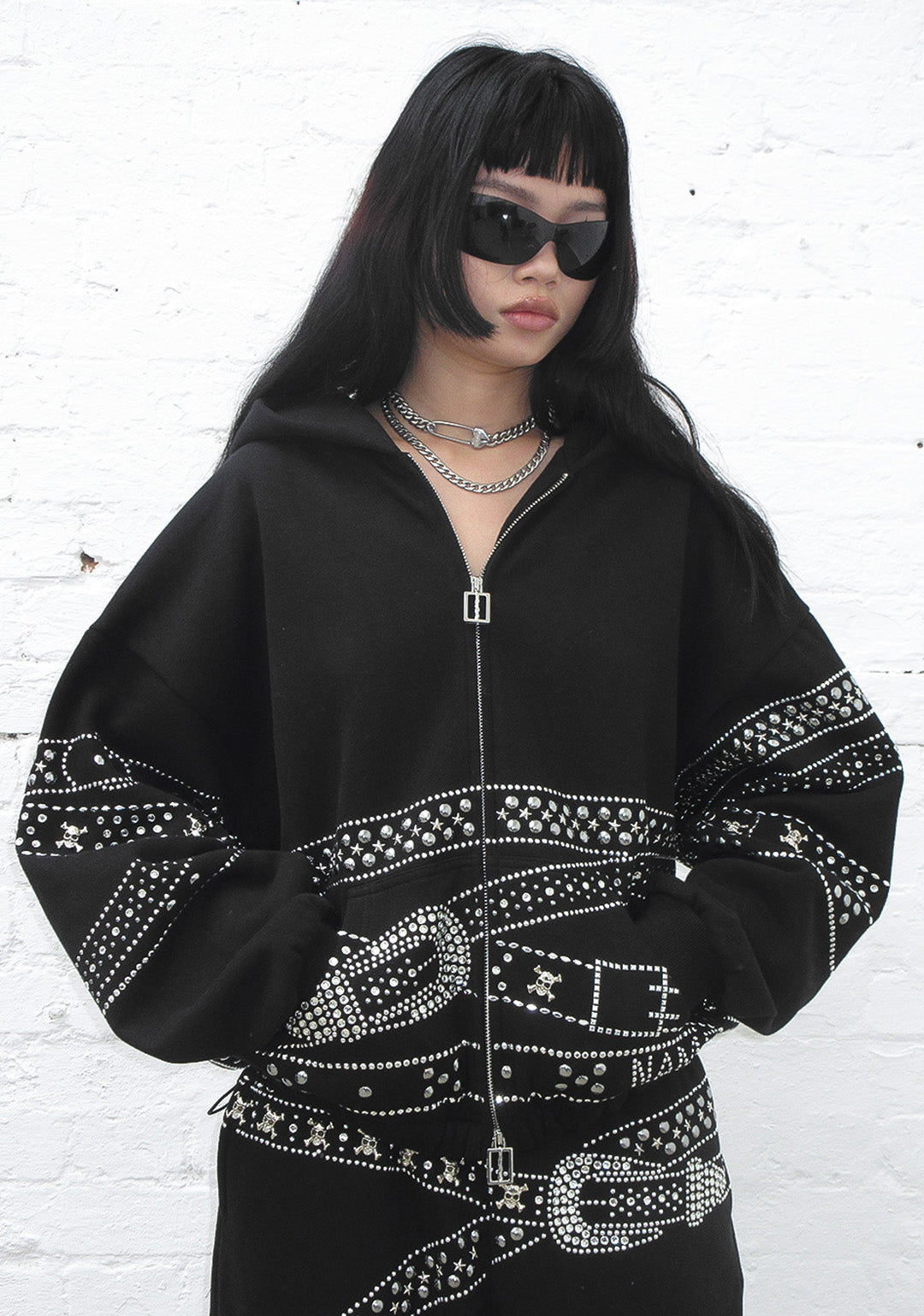 CRUSH STUDDED BELT ZIP HOODIE BLACK