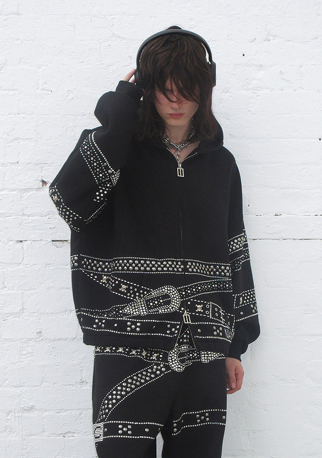 CRUSH STUDDED BELT ZIP HOODIE BLACK