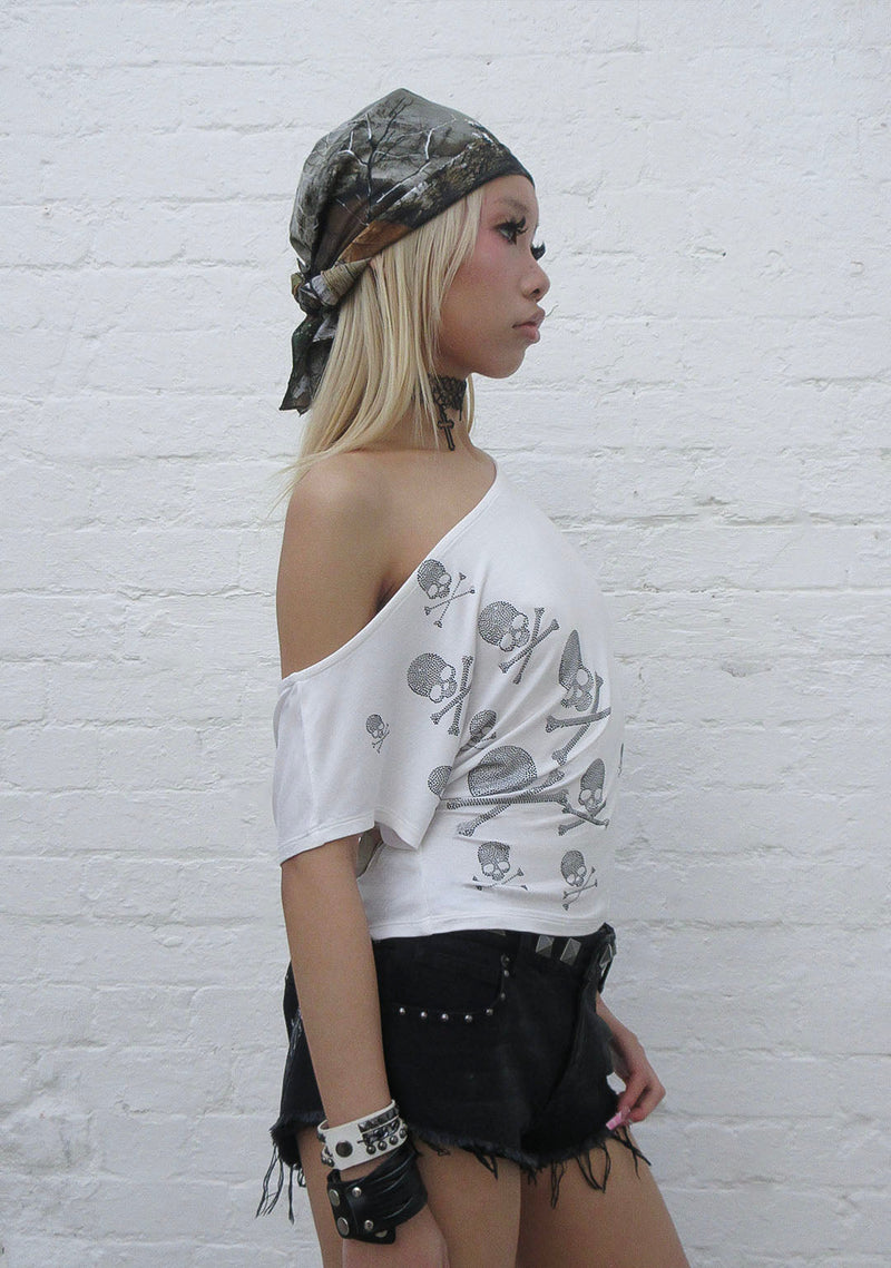 CRYPTIC RHINESTONE OFF THE SHOULDER TOP WHITE