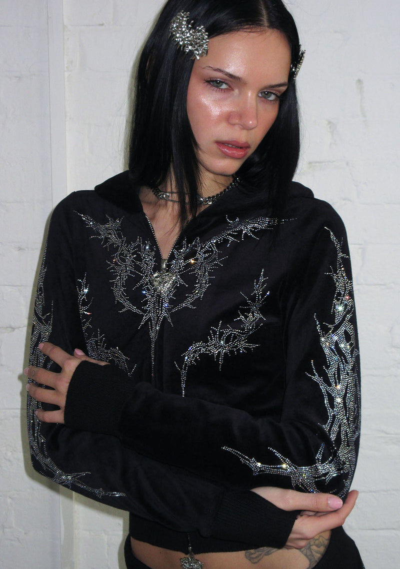 CURSE RHINESTONE VELOUR ZIP HOODIE BLACK