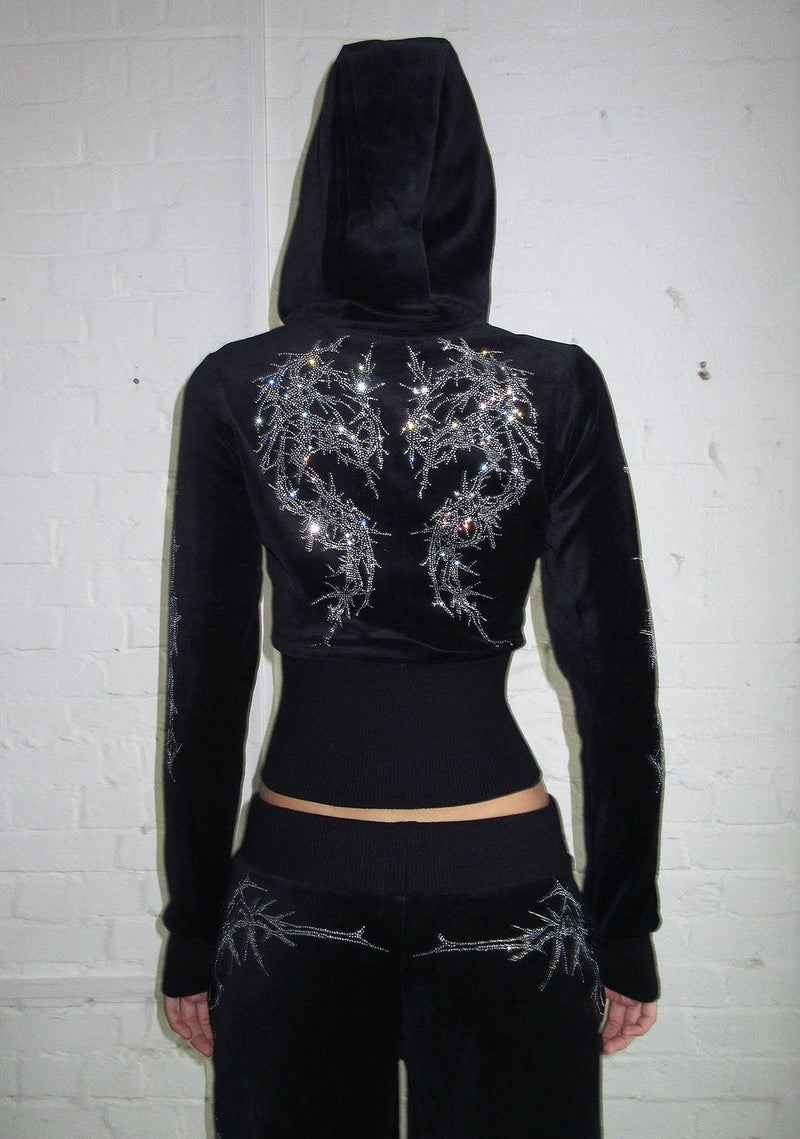 CURSE RHINESTONE VELOUR ZIP HOODIE BLACK