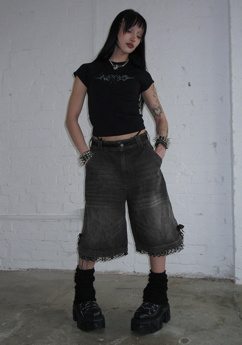 DESTROY LACE RIBBON JORTS BLACK VINTAGE WASH