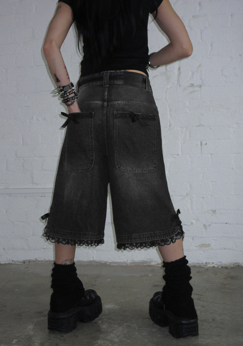 DESTROY LACE RIBBON JORTS BLACK VINTAGE WASH