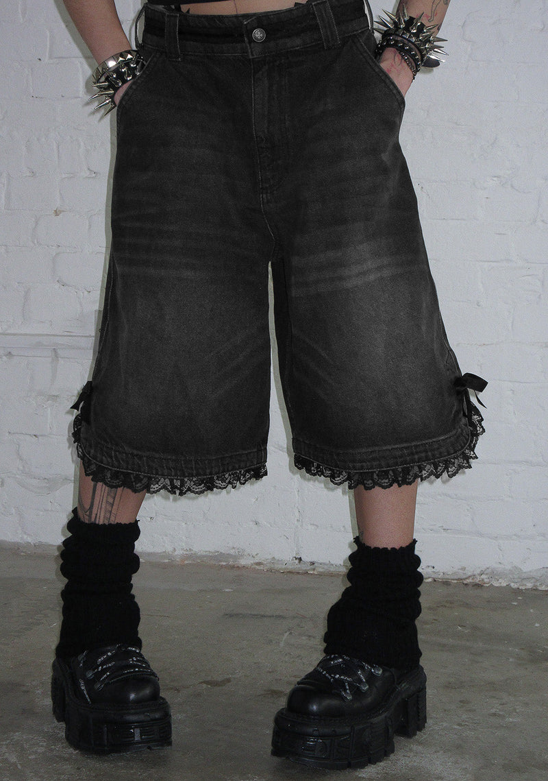 DESTROY LACE RIBBON JORTS BLACK VINTAGE WASH