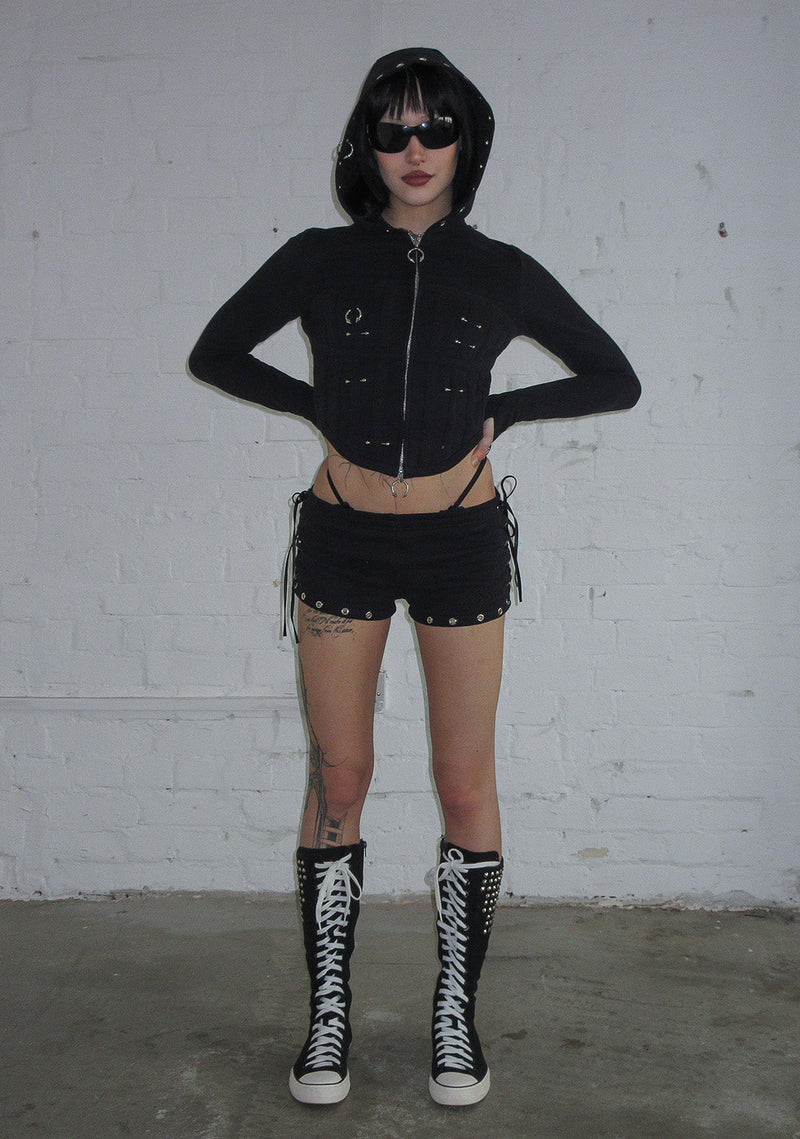 DESTROY PIERCED CORSET MICRO HOTPANT SHORTS BLACK