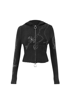 DESTROY SUPER CROP FITTED RIB ZIP HOODIE BLACK VINTAGE WASH