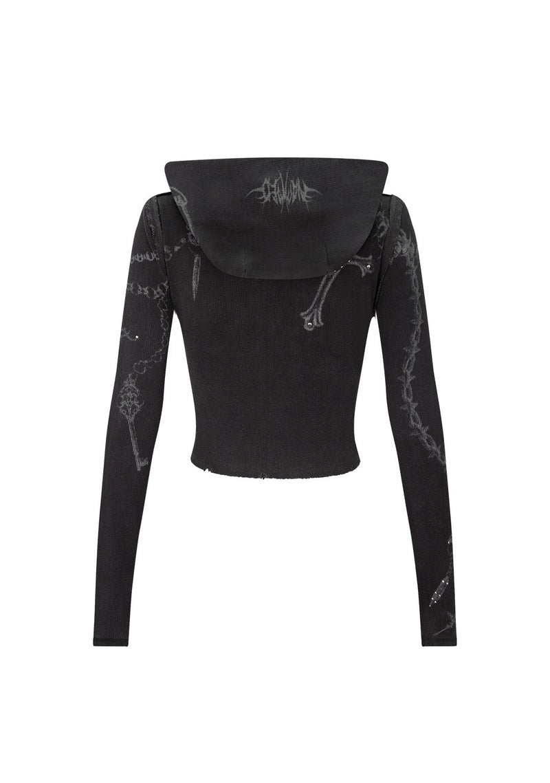 DESTROY SUPER CROP FITTED RIB ZIP HOODIE BLACK VINTAGE WASH