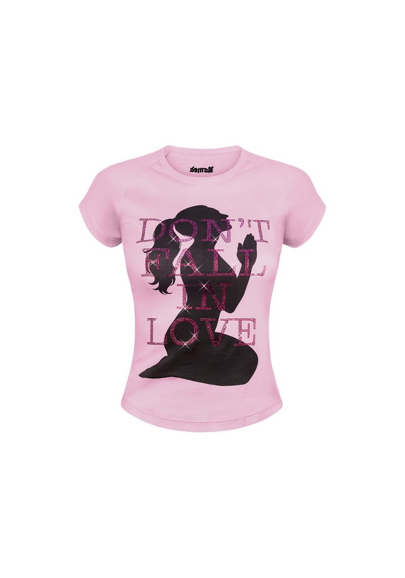 DON'T FALL IN LOVE RHINESTONE BABY TEE BABY PINK