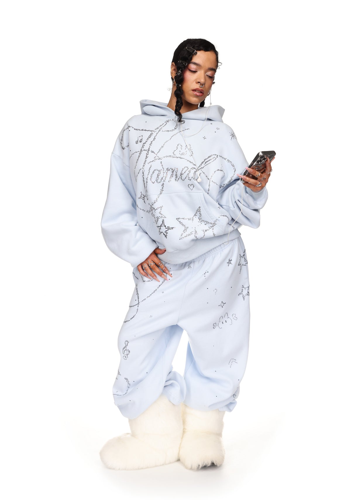 DREAMER RHINESTONE TEDDY PULLOVER HOODIE BABY BLUE