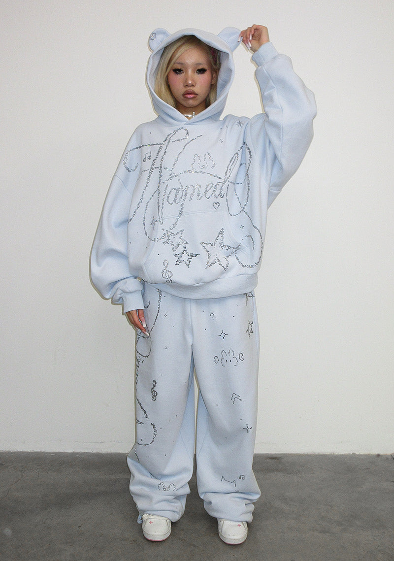 DREAMER RHINESTONE TEDDY PULLOVER HOODIE BABY BLUE