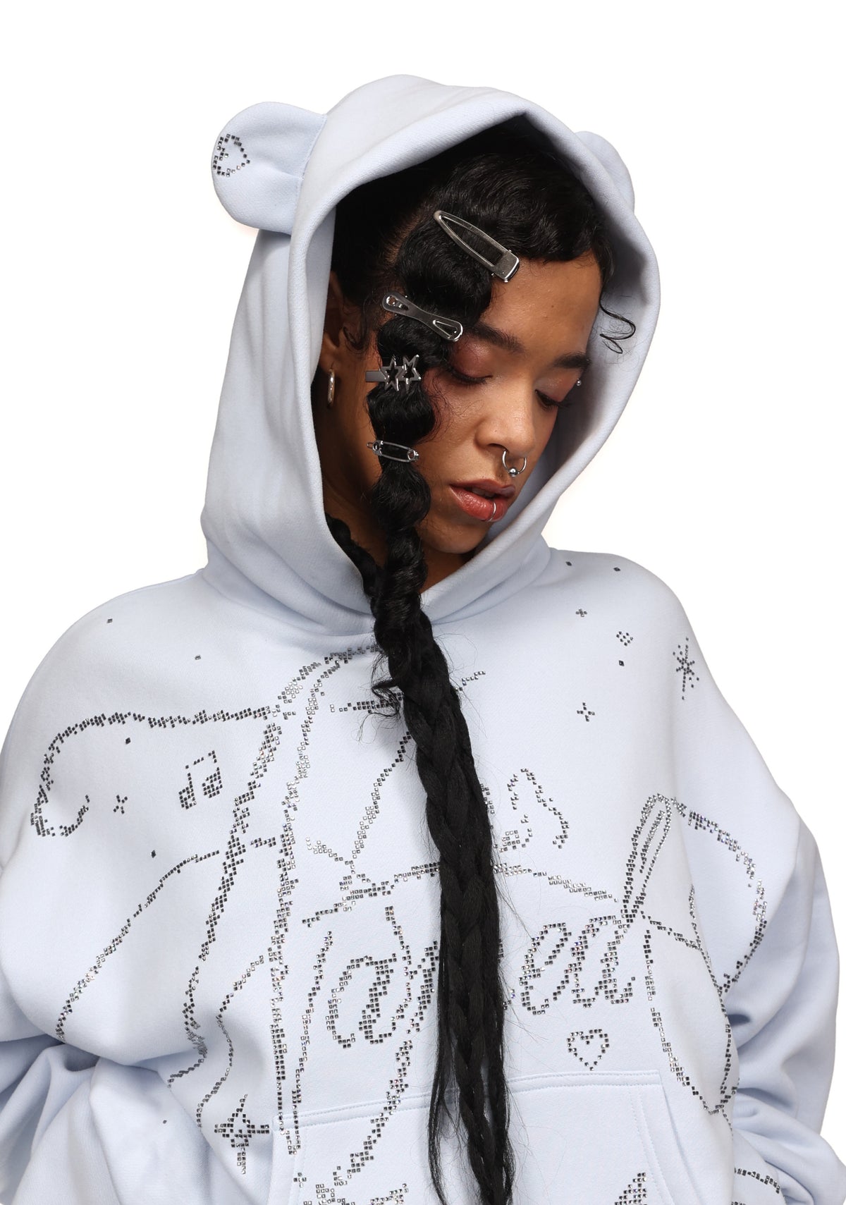 DREAMER RHINESTONE TEDDY PULLOVER HOODIE BABY BLUE