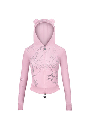 DREAMER RHINESTONE VELOUR TEDDY ZIP HOODIE BABY PINK