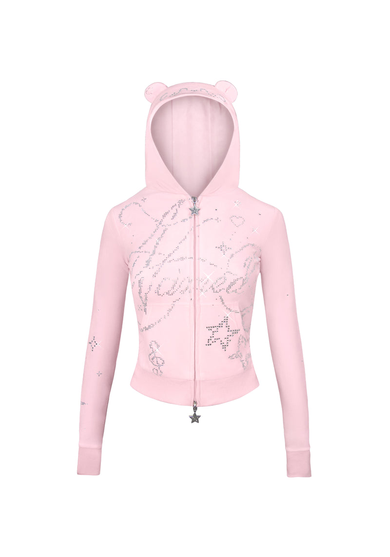 DREAMER RHINESTONE VELOUR TEDDY ZIP HOODIE BABY PINK